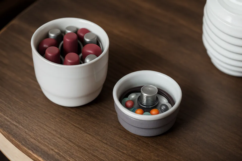 An eye-health supplement capsule beside a cup of tea, part of a daily eye-supplements routine