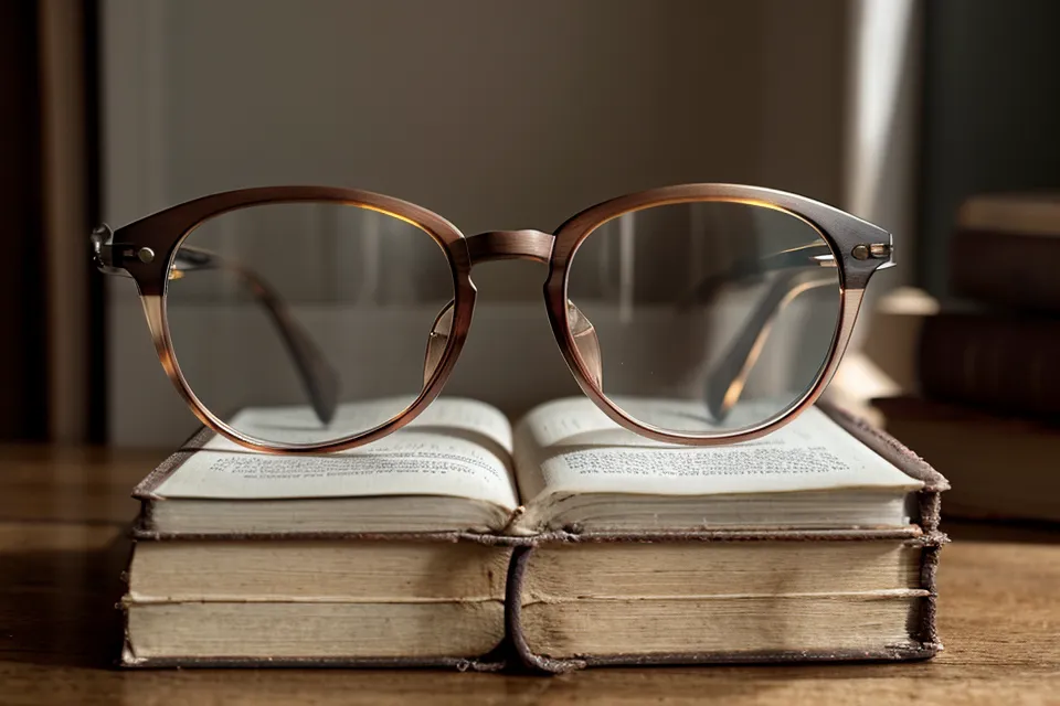 Close-up of +2.50 reading glasses on a stack of books