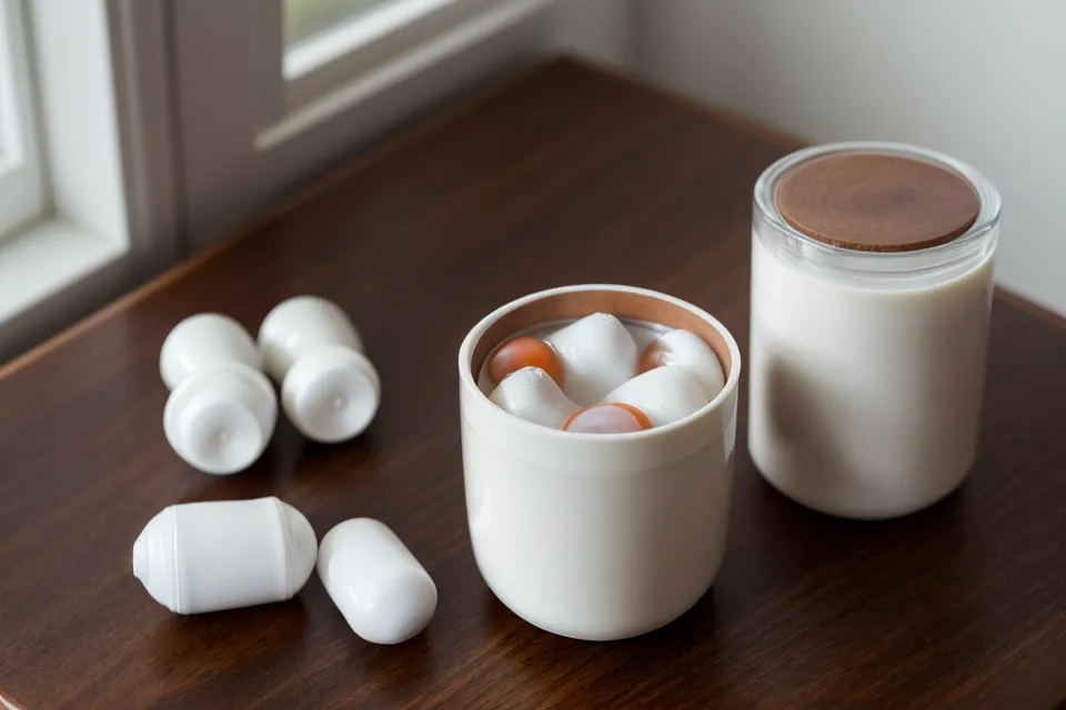 A single eye health supplement capsule next to a cup of tea