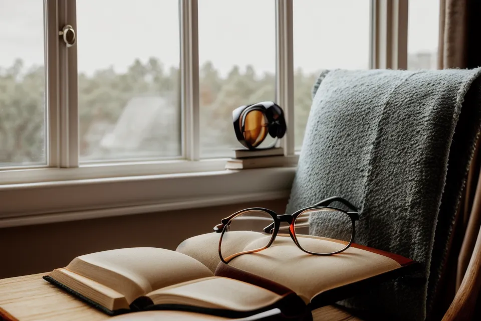 Eye supplement bottle beside reading glasses in a cozy reading nook at night