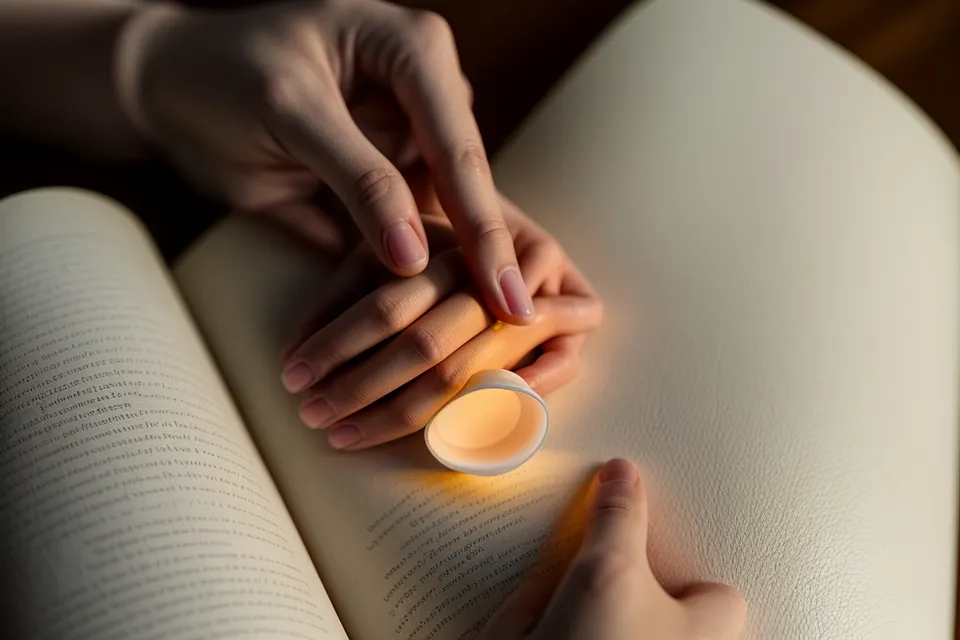 An LED neck light illuminating an open book in a dim room, a mobility-friendly reading-lighting fix for aging eyes