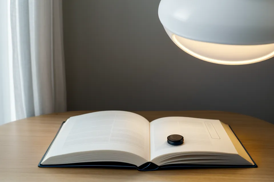 Hand holding an eye-health supplement capsule over an open book, part of a routine to support aging eyes