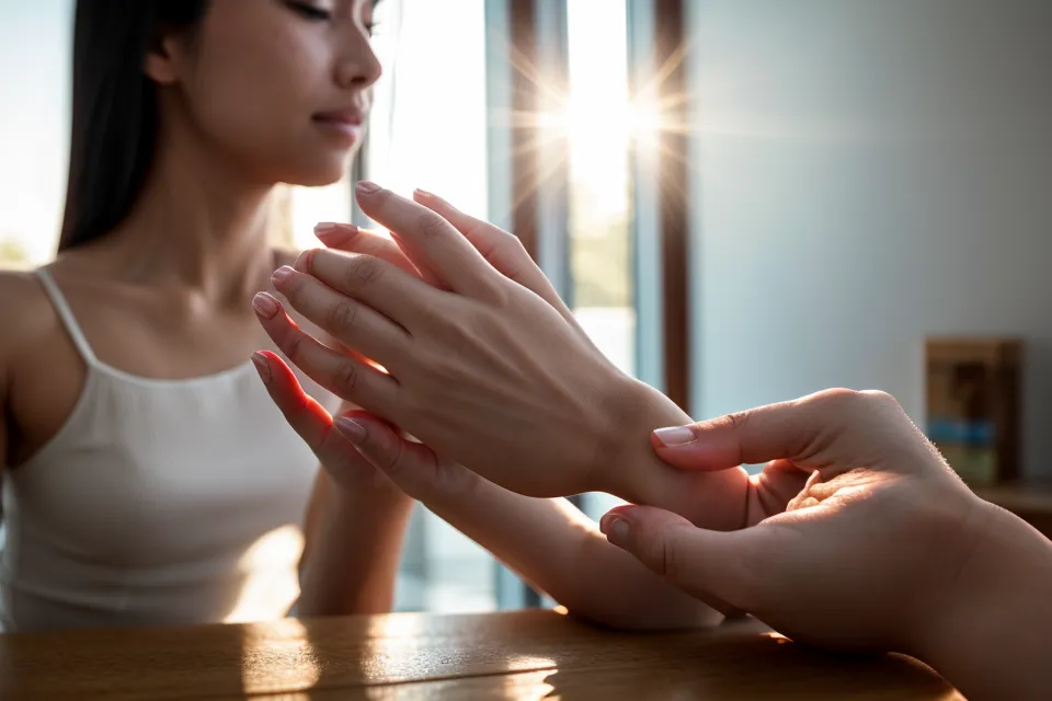 A hand holding a vision supplement capsule near a glass of water, part of an eye health over 50 routine