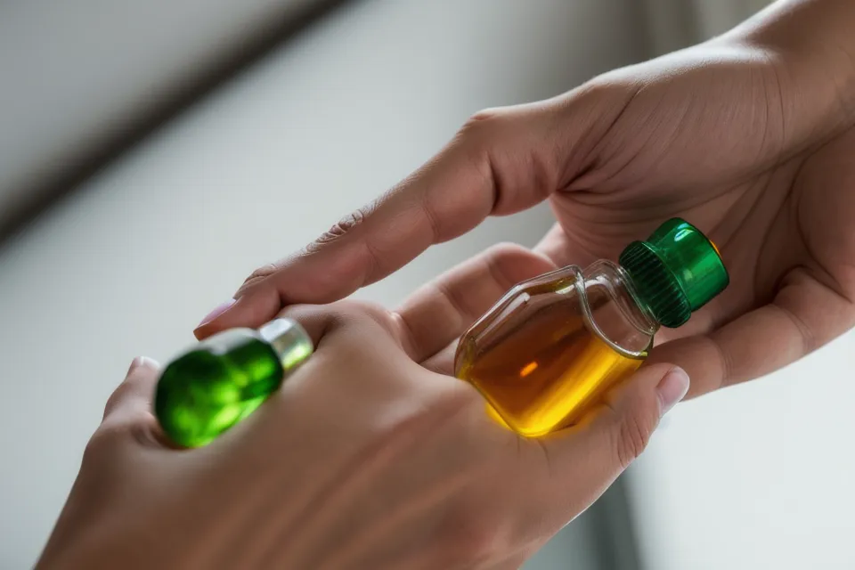 Close-up of a hand checking an eye supplement label for lutein and zeaxanthin content