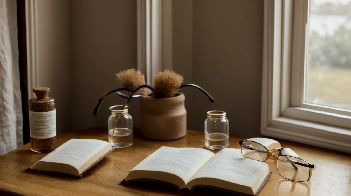 Bottle of bilberry extract eye supplement next to reading glasses, illustrating support for aging vision and reading small print