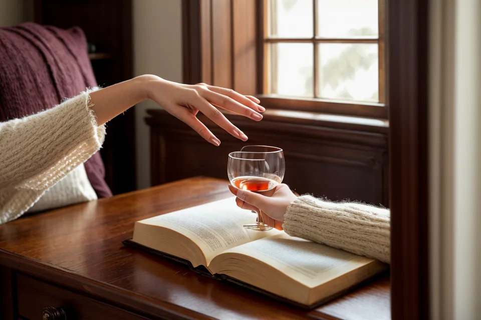 Hand reaching for reading glasses in soft evening light, a small vision change tied to macular pigment density