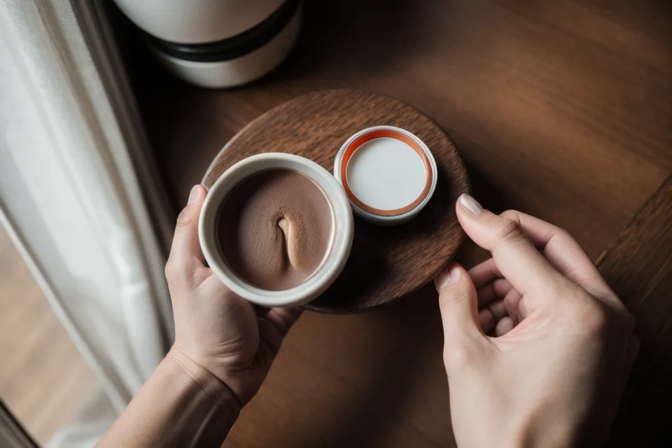 A woman's hand holding a vision supplement capsule beside a coffee mug during a morning supplement comparison routine