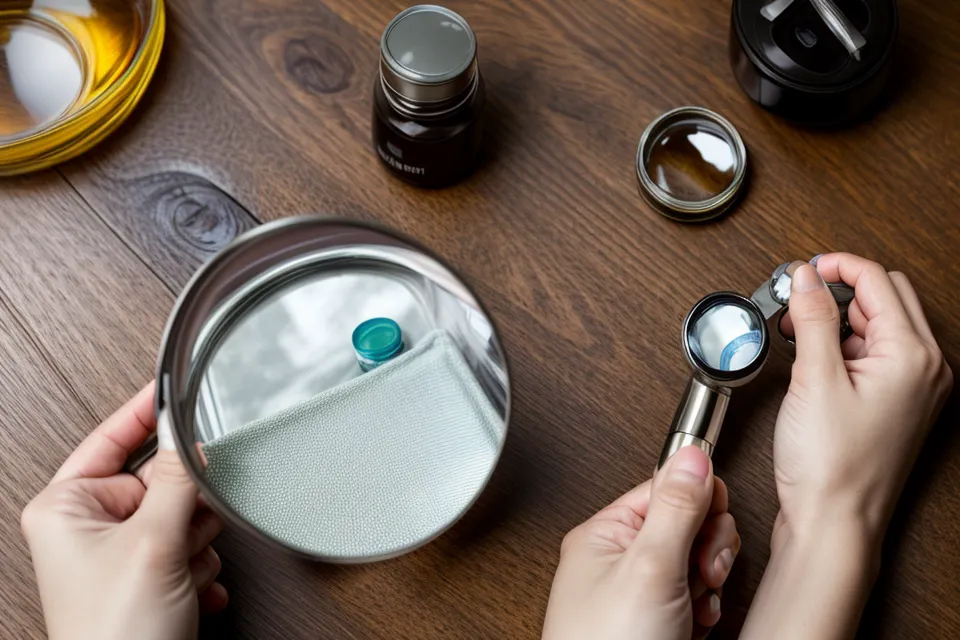 A hand using a magnifying glass to check the lutein and zeaxanthin dosage on a supplement label