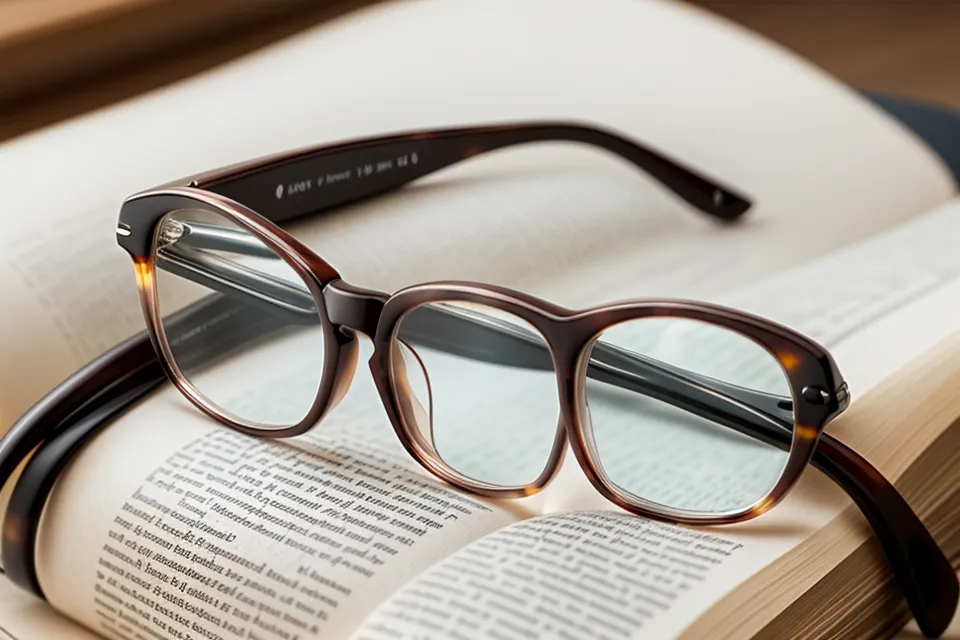 Close-up of reading glasses magnifying handwritten notes, a daily reality of aging vision