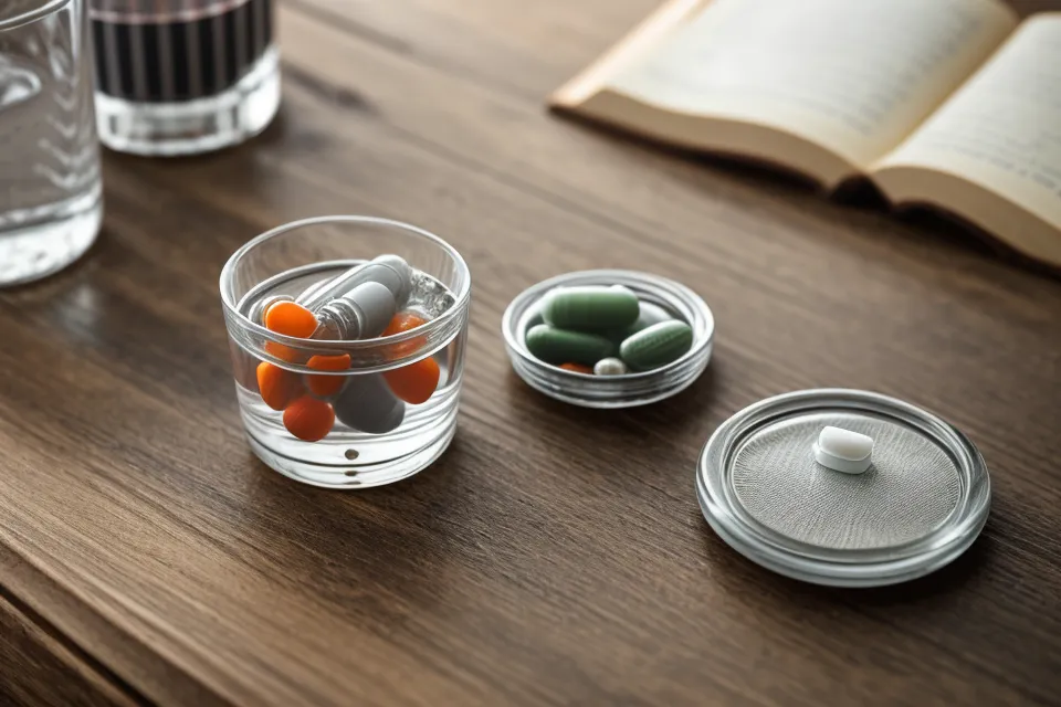 An eye health supplement capsule next to a book and water, part of a vitamin E and macular support routine
