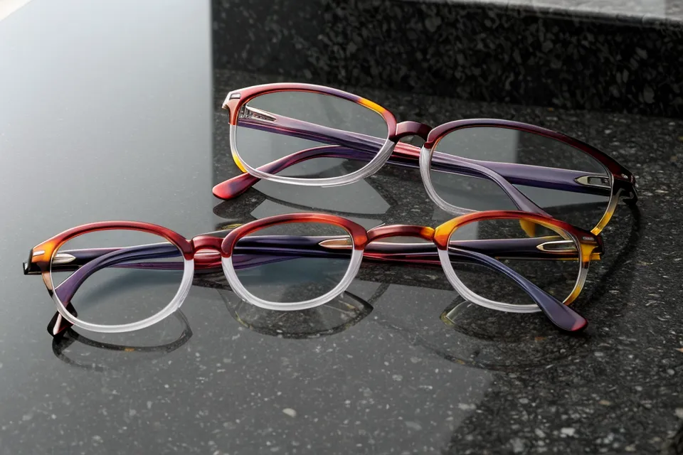 Multiple pairs of reading glasses on a granite kitchen counter.