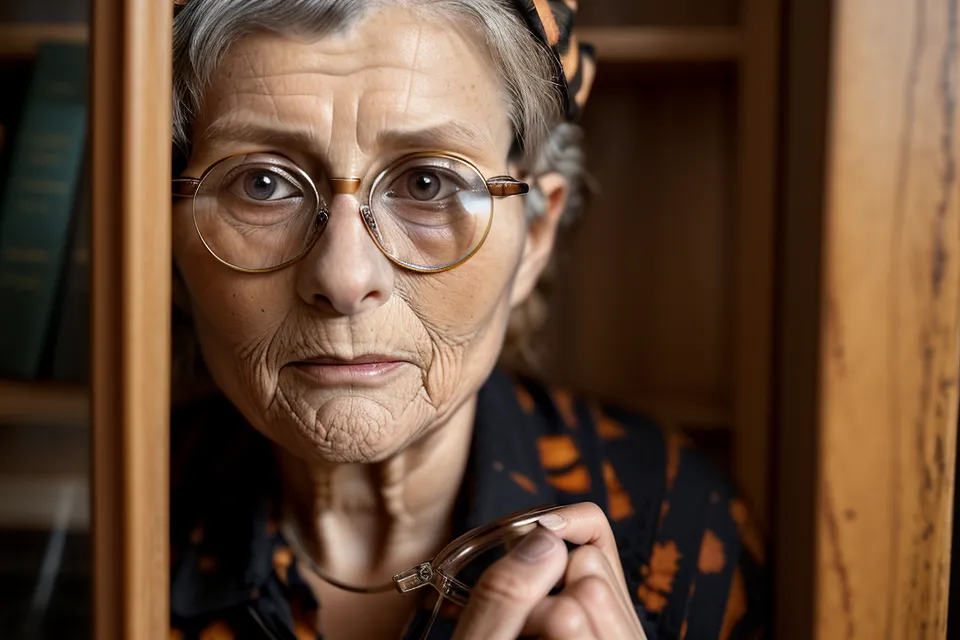 Close-up of a retired teacher's hand holding reading glasses against a bookshelf, an eye health struggle familiar to Kindle readers over 50