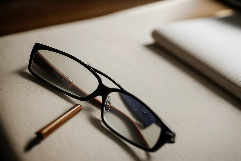 Handwritten notes tracking aging vision changes next to a pair of reading glasses during a VisiFlora review