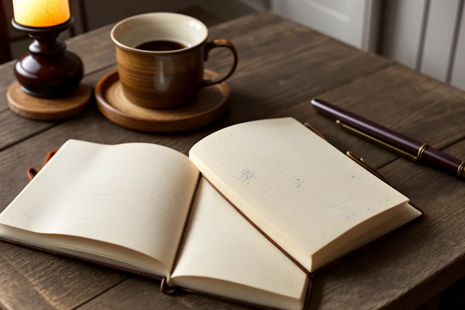 Reading glasses and notes on aging eyes and eye supplements next to a cup of tea on a desk