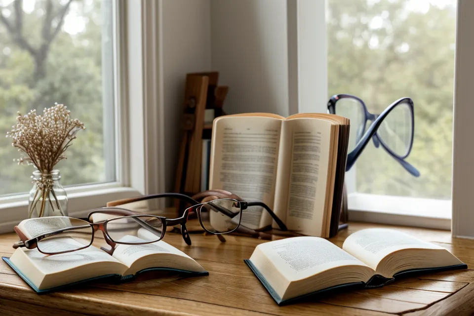 Reading glasses resting on a staircase, a sign of vision health changes after fifty